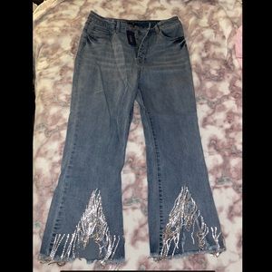 High rise rhinestone hem cropped jeans